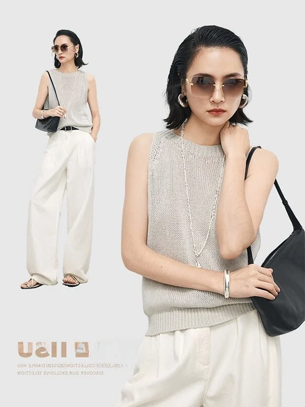 Ice Silk Knitted Vest Top Women's Sleeveless Summer Layering Slimming Base Shirt Tank Top round Neck Cool Feeling