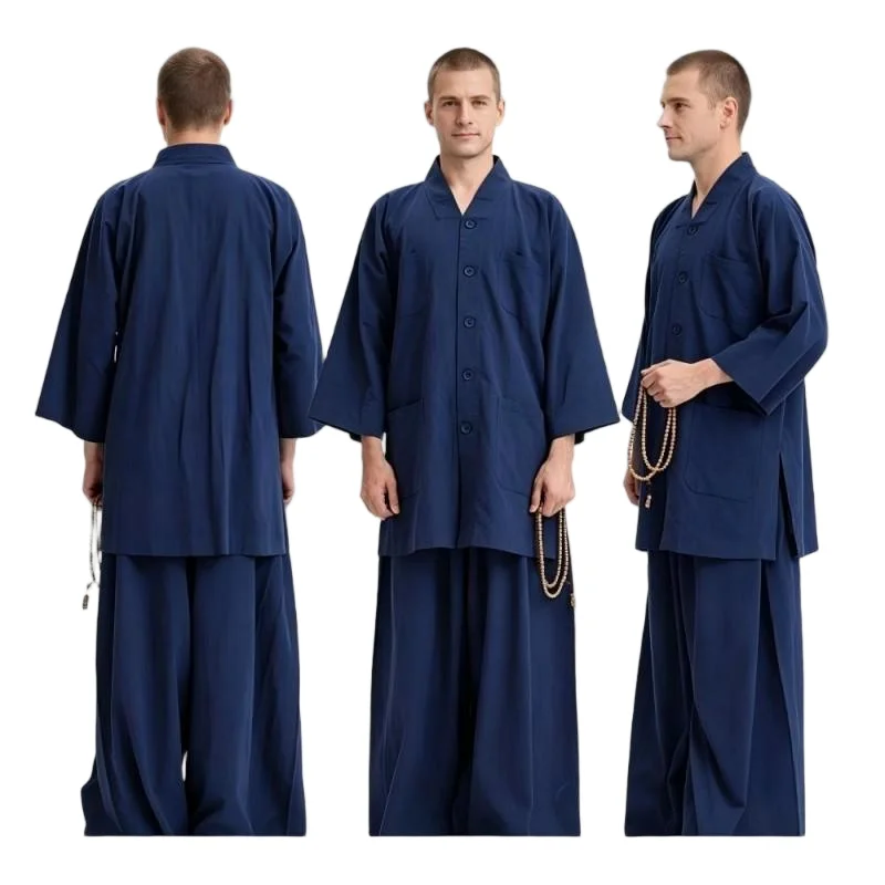USHINE Traditional Chinese Buddhist Lay Monk Outfit Loose Haiqing Clothes Set Meditation Practice Robe Multiple Colors Available