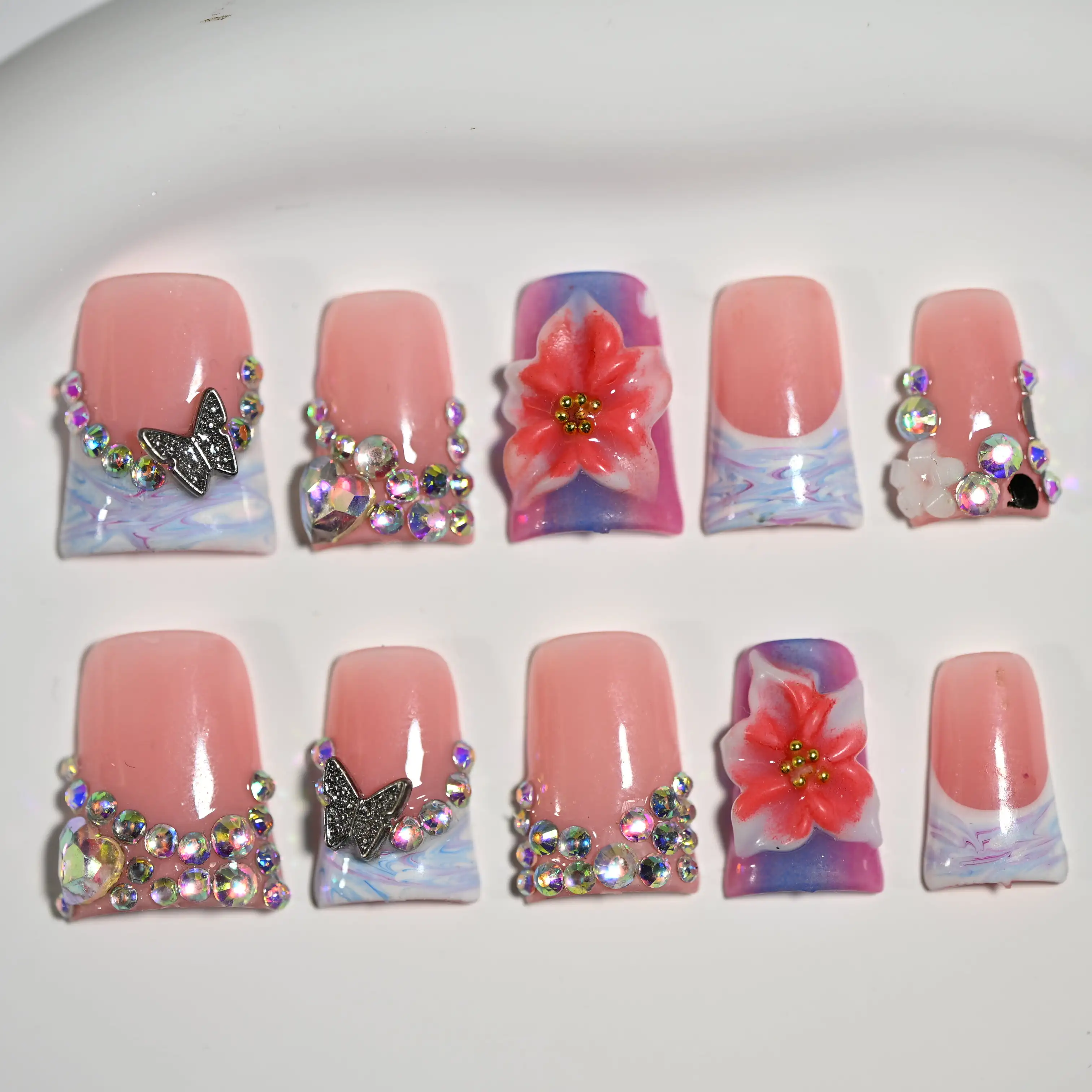

Handmade Short Duckbill Press - On Nails, Blush & Marble With Butterfly, Floral & Rhinestone Details, Ideal For Casual Chic