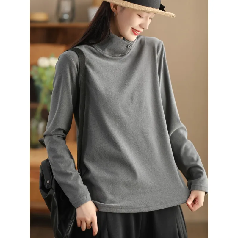 Fashion Threaded Base Shirt for Women Warm Elastic Casual and Versatile Lapel Stand Collar Two-wear Pullover Top