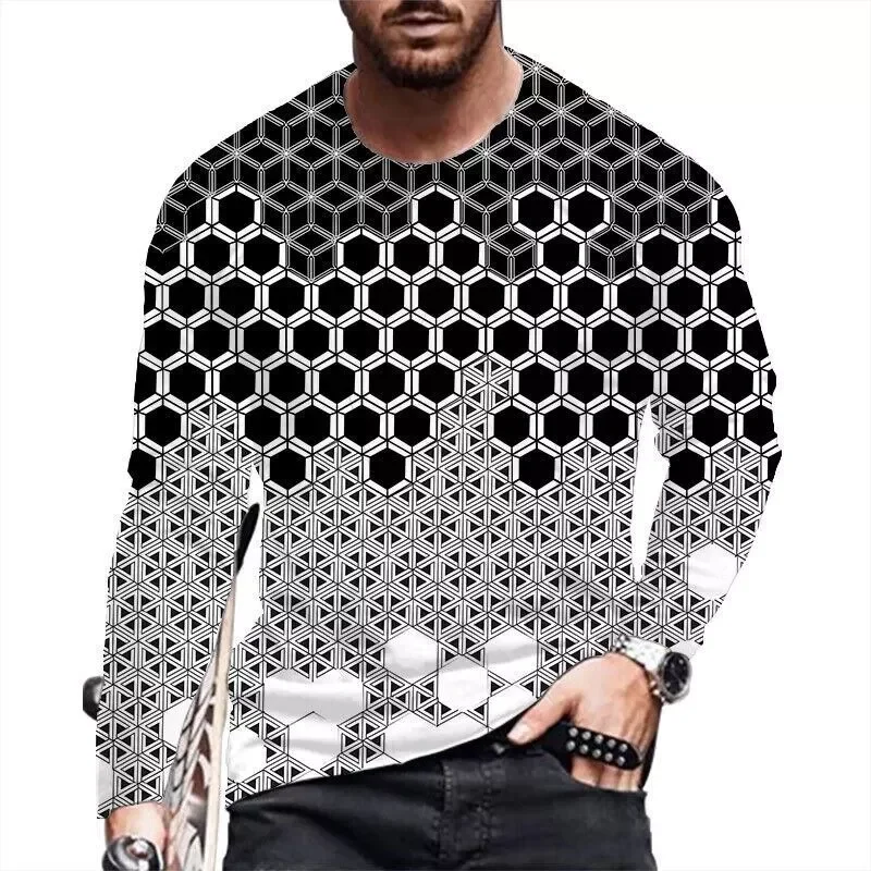 Men's T-Shirt Cool 3D Geometric Digital Print Fashion Classics O-Neck Funny T Shirts Tops Casual Long Sleeves Gym Clothing Men