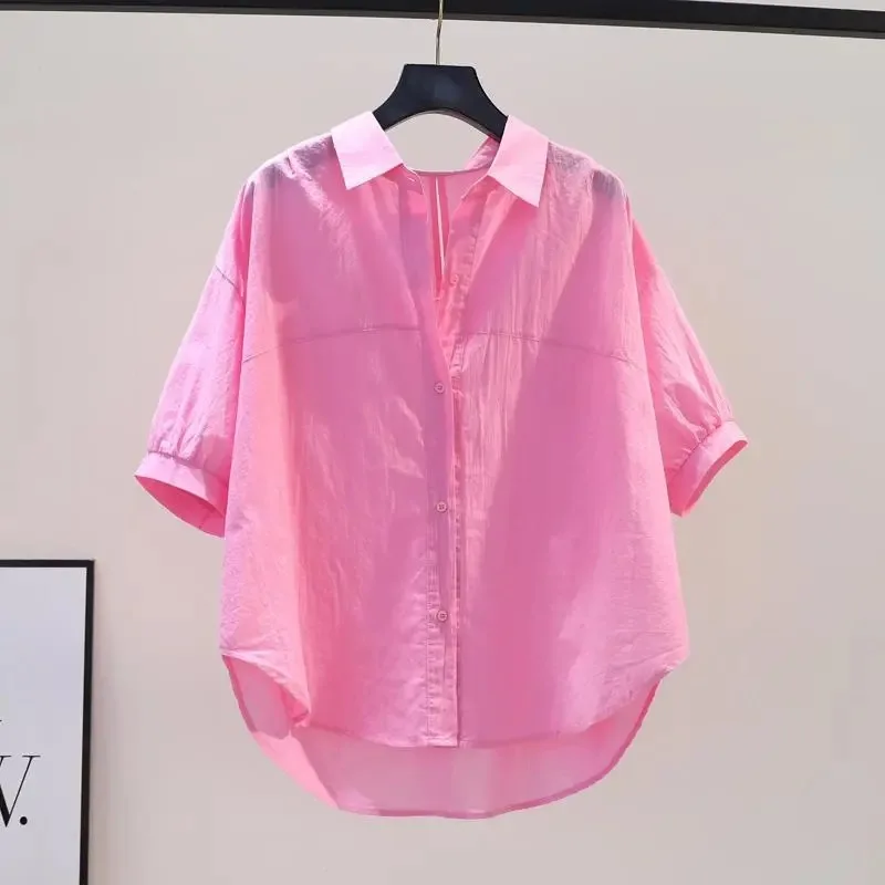 

﻿ Women Summer Shirt New Candy Color Loose Short Sleeves Blouses Thin Cotton Shirts Korean Fashion Loose Casual Female Tops 3XL