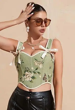 

Green Floral Print & Bows Sexy Overbust Spaghetti Strap Corset Top Women Elegant Vintage Bustiers & Espartilhos Gothic Clothing