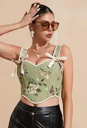 Green Floral Print & Bows Sexy Overbust Spaghetti Strap Corset Top Women Elegant Vintage Bustiers & Espartilhos Gothic Clothing