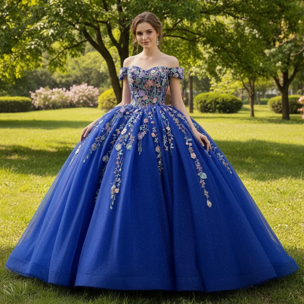 Rosymae Off-the-Shoulder Royal Blue Lace Appliqued Wedding Gown Bridal Dress abito da sposa