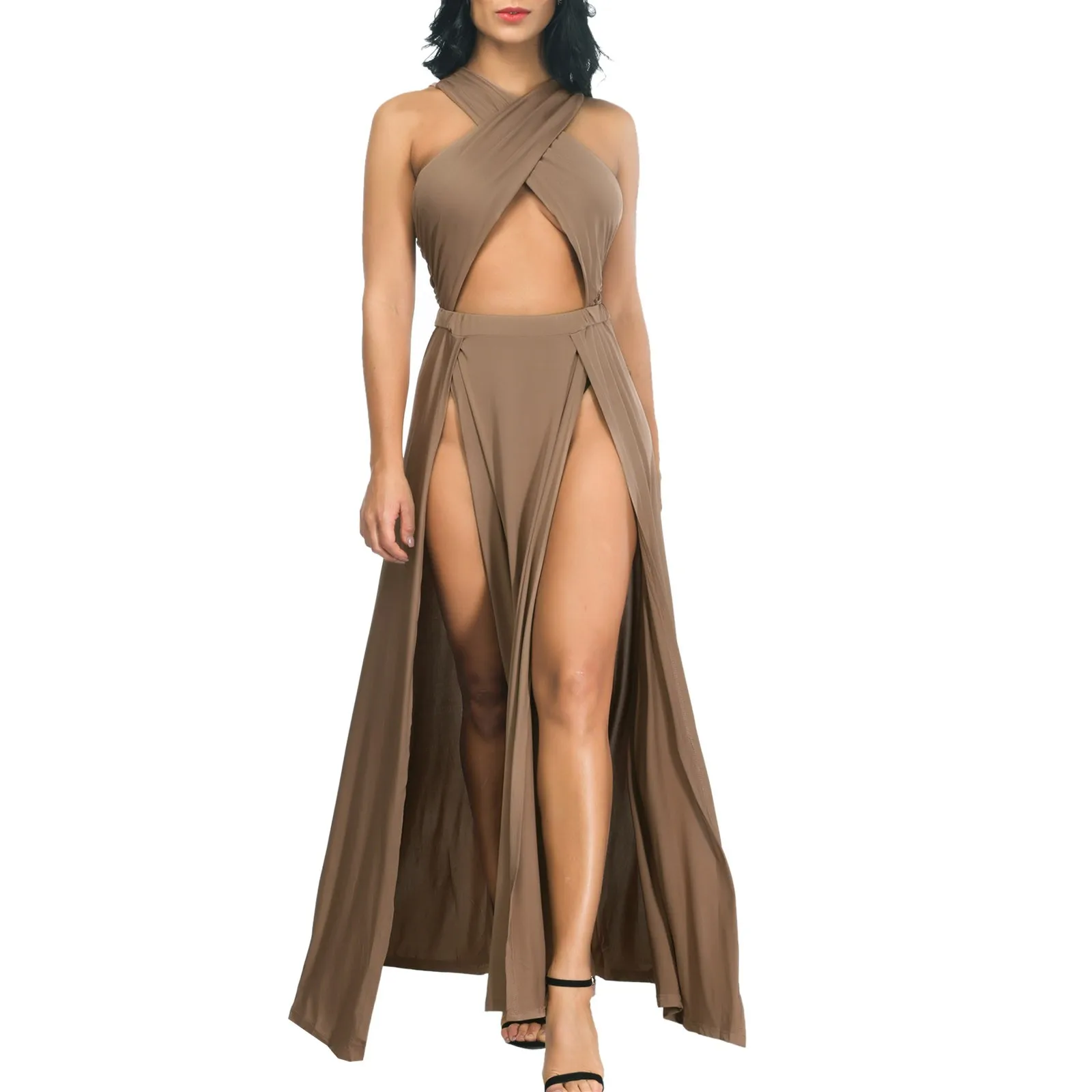 Women Sexy Hollow Out Dress Wrap Solid Color Sleeveless Plain Criss Cross Slit Long Maxi Dress Dance Party Wear Dress Ladies