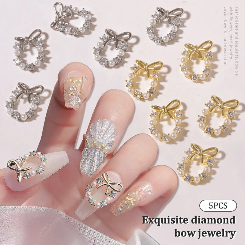 

5Pcs DIY Nail Art Decoration Christmas Wreath Ornaments Bow Pearl Alloy With Diamonds Decorate For Manicure Design Accessory