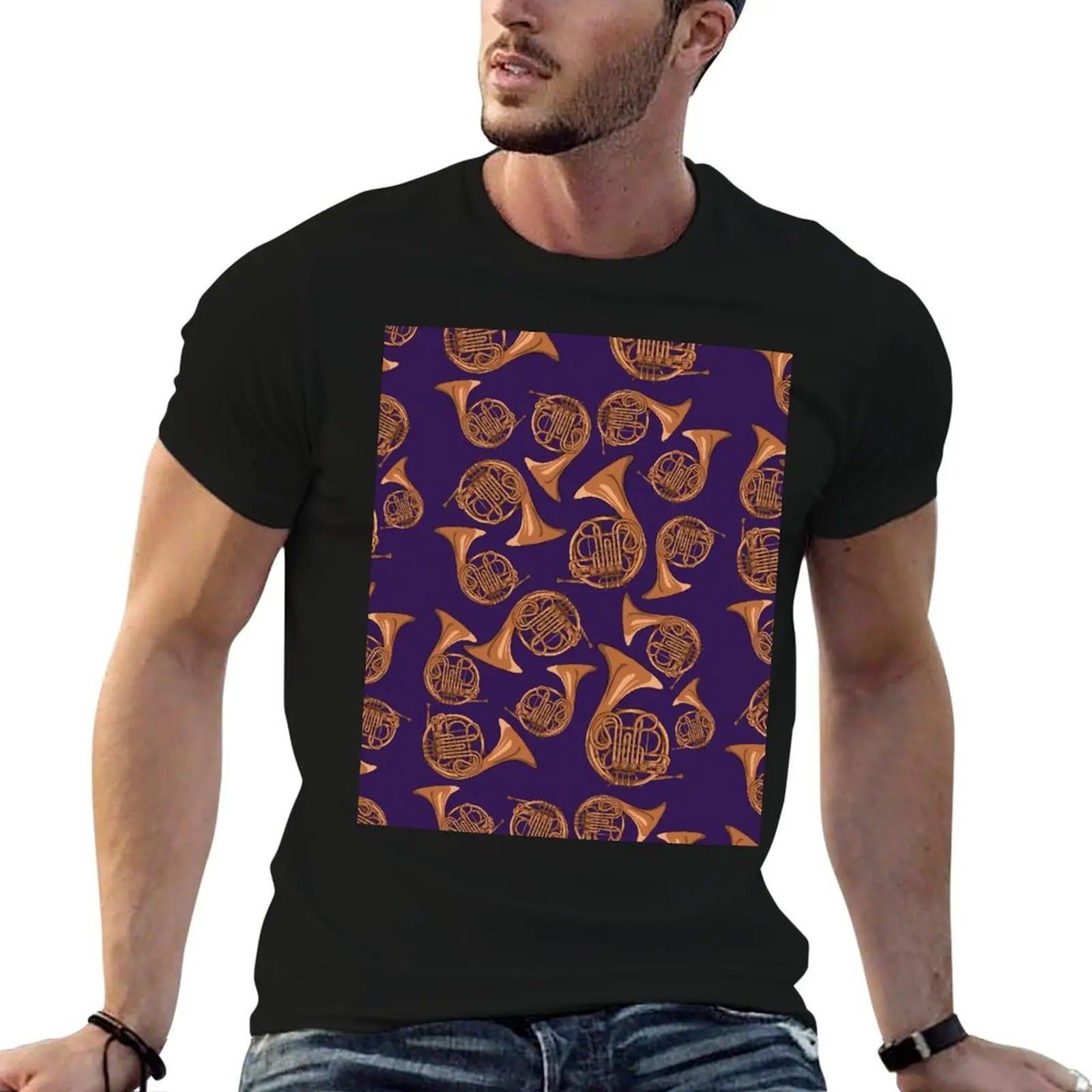 

French Horn Pattern Purple T-Shirt black cotton t-shirt plain for man package man t shirt heavy cotton T-Shirt