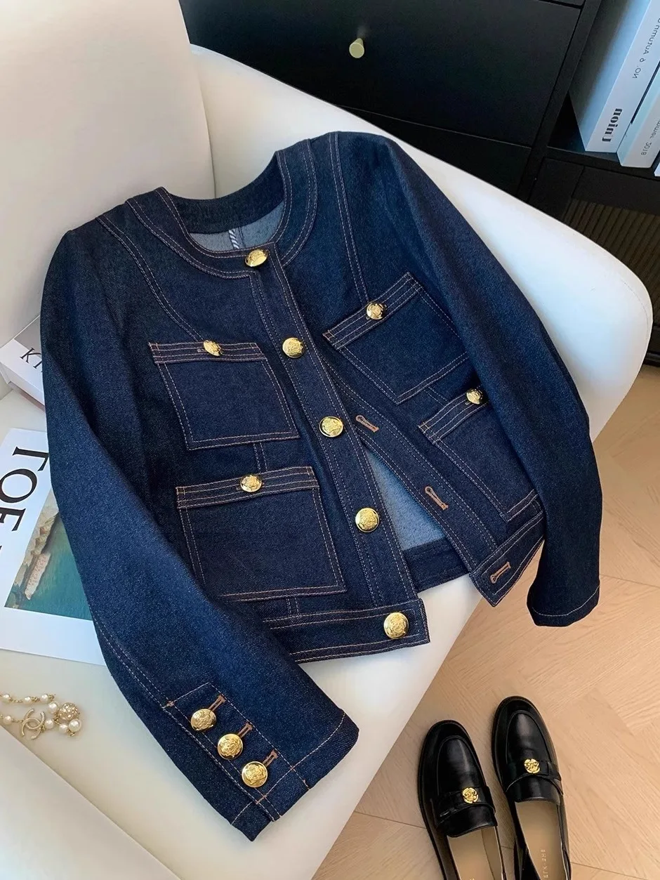 

Весенне-осенняя женская джинсовая куртка в стиле ретро с круглым вырезом, однобортный свободный топ, однотонные универсальные дорожные пальто