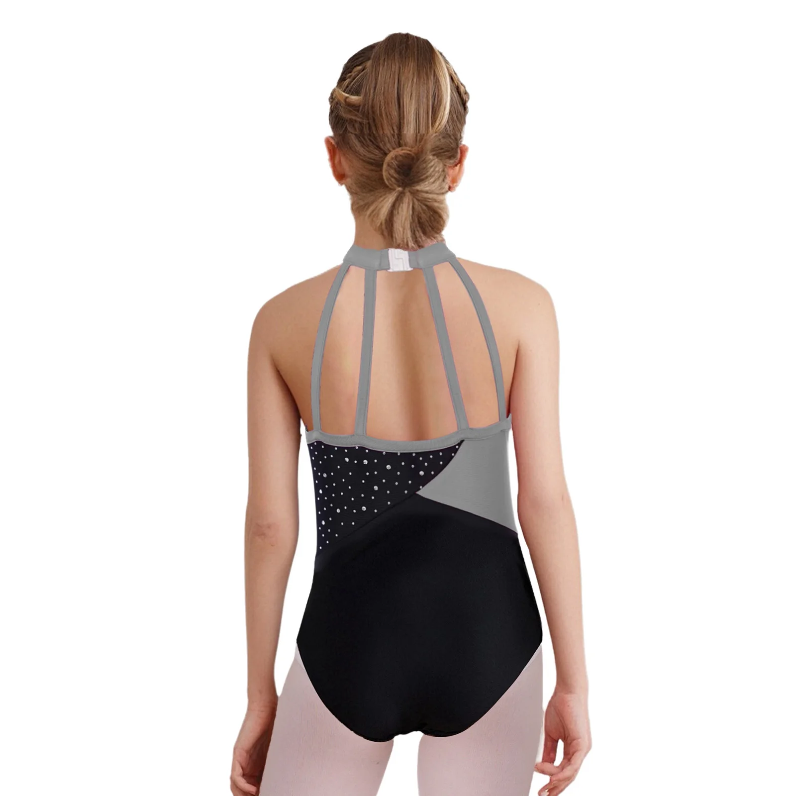 Girl Gymnastics Yoga Dance Leotards Outfit Strappy Back Color Block Glittery Rhinestones Leotard with Shorts And Hairband Sets