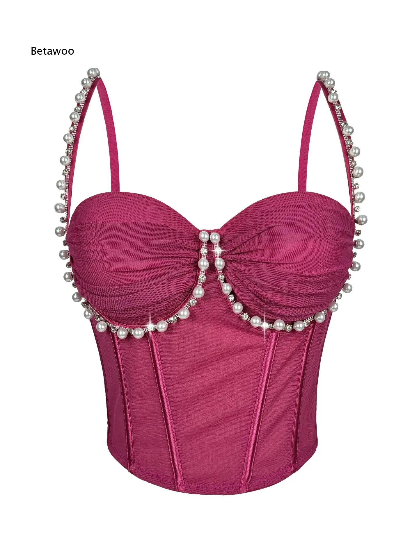 Pearl And Rhinestone Decorated Mesh Corset Bustier With Ruched Detail Boning Support Underwire Spaghetti Strap Top Elegant Slim