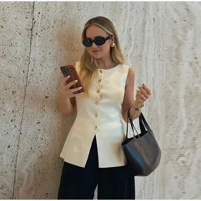 قطع علوية نسائية أنيقة متينة برقبة دائرية بدون أكمام واحدة الصدر ملابس تريكو نسائية ضيقة 2025 لربيع وصيف موضة جديدة للسيدات محبوكة #3