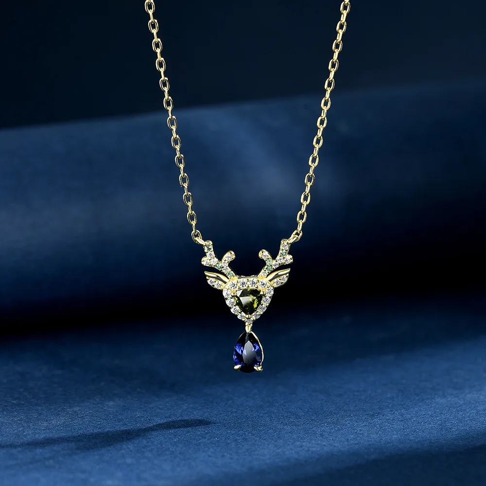 

New S925 Silver Water Drop 4 * 6 Cultivated Blue Treasure 0.8carat Deer Shaped Decoration Light Luxury Necklace Wedding Jewelry