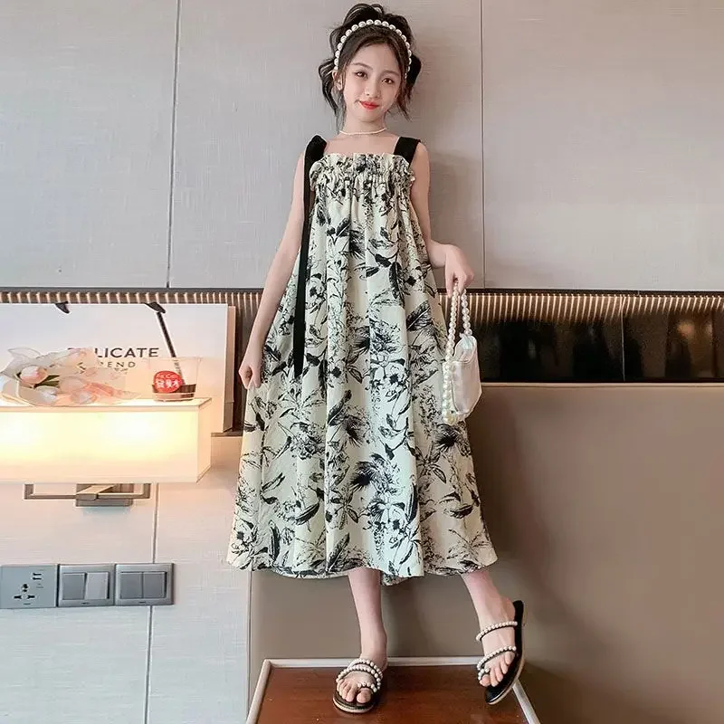 

Girls Summer Sleeveless Suspender Dress Summer Party Kids Beach Long Chiffon Dresses Chinese Floral Print Skirt 4 6 14 Years Old