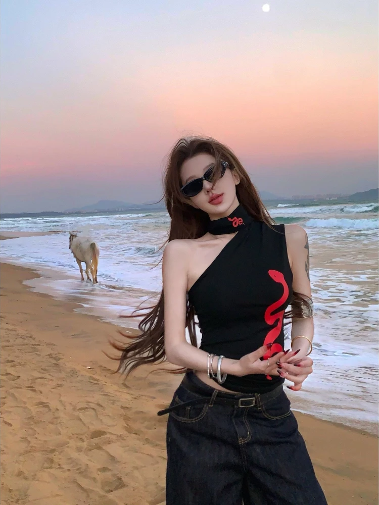 Snake Print One Shoulder Camisole Women Summer Slim Fit Y2K Crop Top Gothic Streetwear Black Sleeveless Tee