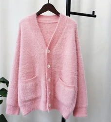 Fashion Korean Pink Mink Cashmere Soft Sweater Cardigan Chic Autumn Winter Women V Neck Single Breasted Mohair Knitted Cardigans