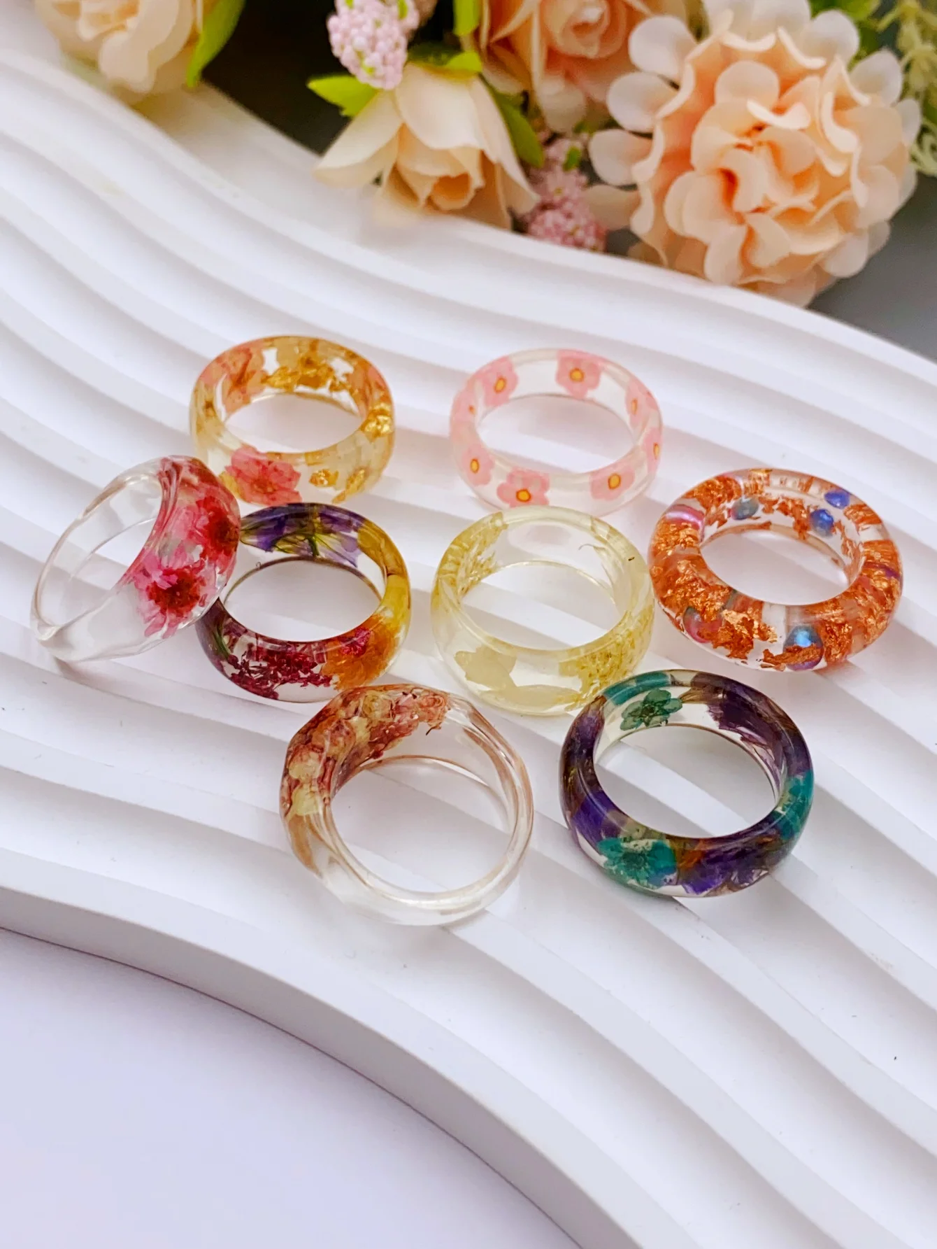 Transparent Resin Ring with Real Flowers, Unique Daily Accessory for Women rings for women