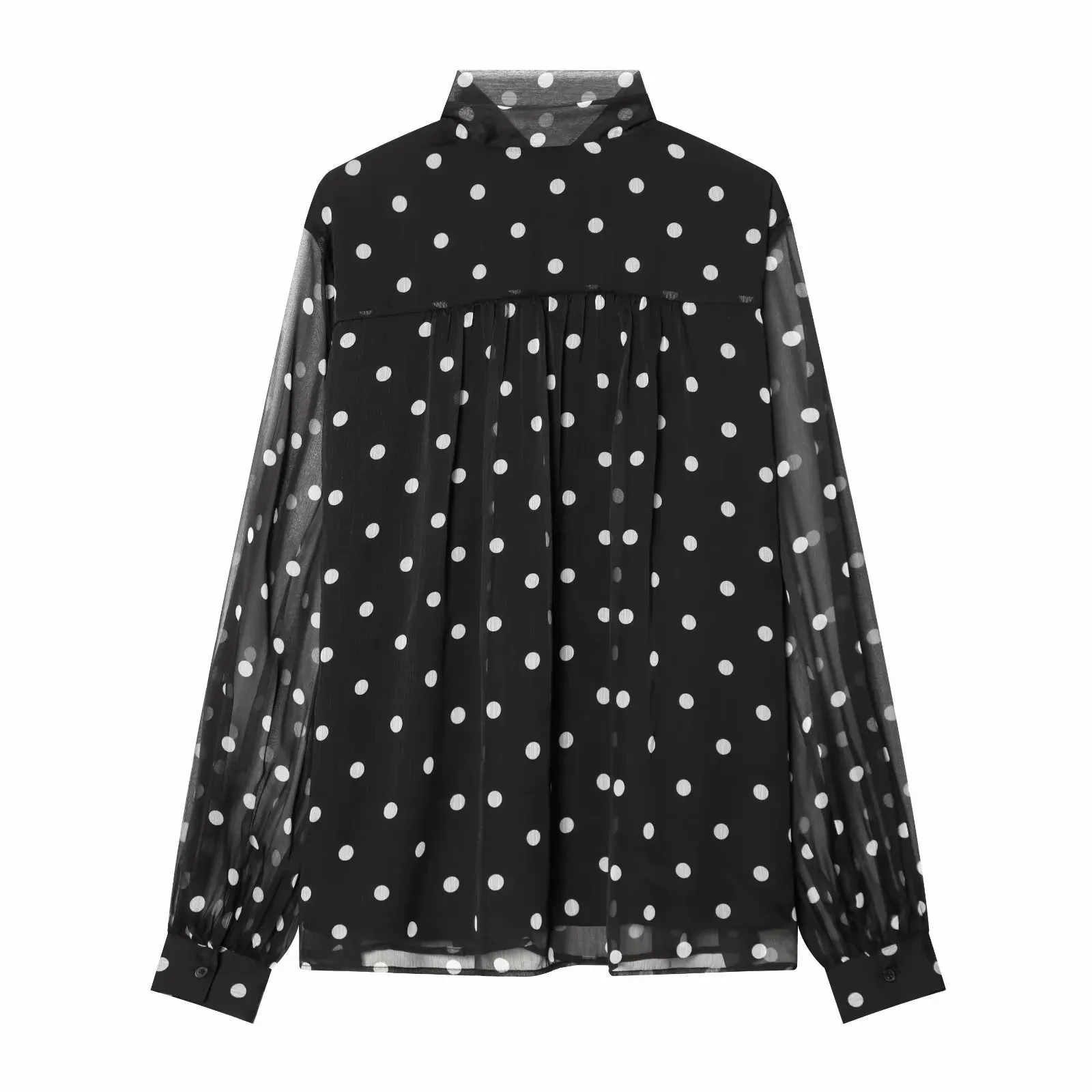 Elegante Damenbluse mit Polka-Dot-Muster, Schleifenkragen, Langarm-Shirt, Modische Damen-Oberteile im High-Street-Stil, Schicke Dünne Blusen – Detail 3