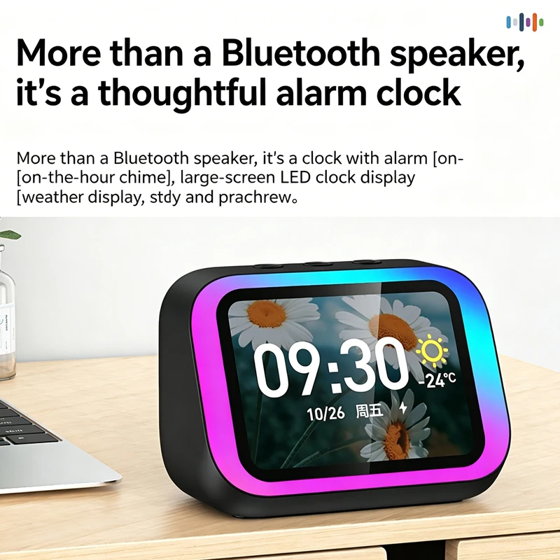 Smart Alarm Clock Bluetooth Speaker with AI Voice Assistant Weather Display Night Light Music Stories Player Photo Frame