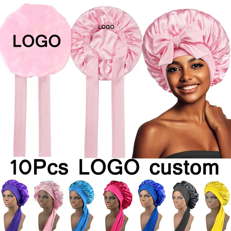

Silk Satin Bonnet Sleeping Cap For Women Large Night Sleep Hat With Elastic Tie Band For Curly Braid Hair 10Pcs Logo Custom