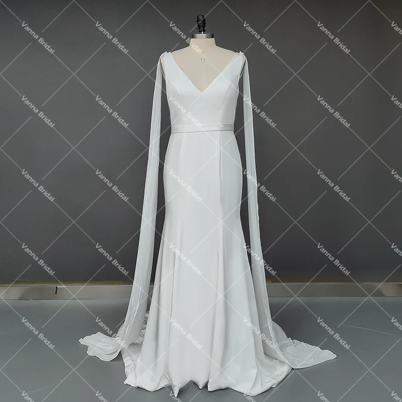 Robe de Mariée Sirène Simple à Col en V, Fourreau Dos aux, Sur Mesure, 2022 Poignées Amovibles, Fermeture Éclair Drapée, Dos Ouvert, en Mousseline de Soie Douce, pour Patients