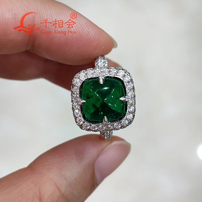 Sugar-loaf 10mm  925 silver green color emerald ring Created Hydrothermal Emerald with melee white moissanite for Wedding