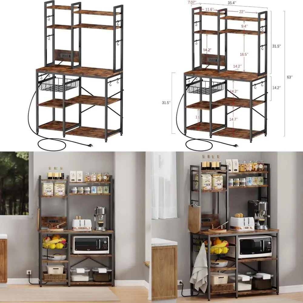 

6-уровневая кухонная подставка для пекаря с розеткой, кофейником и 12 S-образными крючками для подставки для микроволновой печи и решениями для хранения