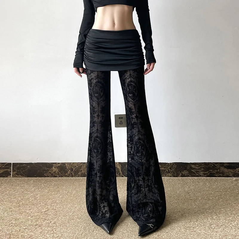 2024 Autumn New Fashion Trend French Sexy Dark Lace Splicing Jacquard Flared Pants Womens Pleated Perspective Casual Trousers