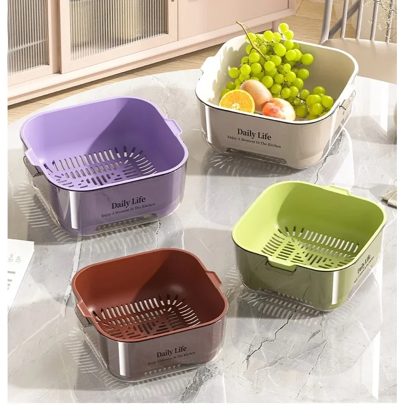 Double Layer Vegetable Wash Basin Large Colander Basket Set for Fruits, Veggies & Rice, Includes Outer Bowl and Inner JJ4377