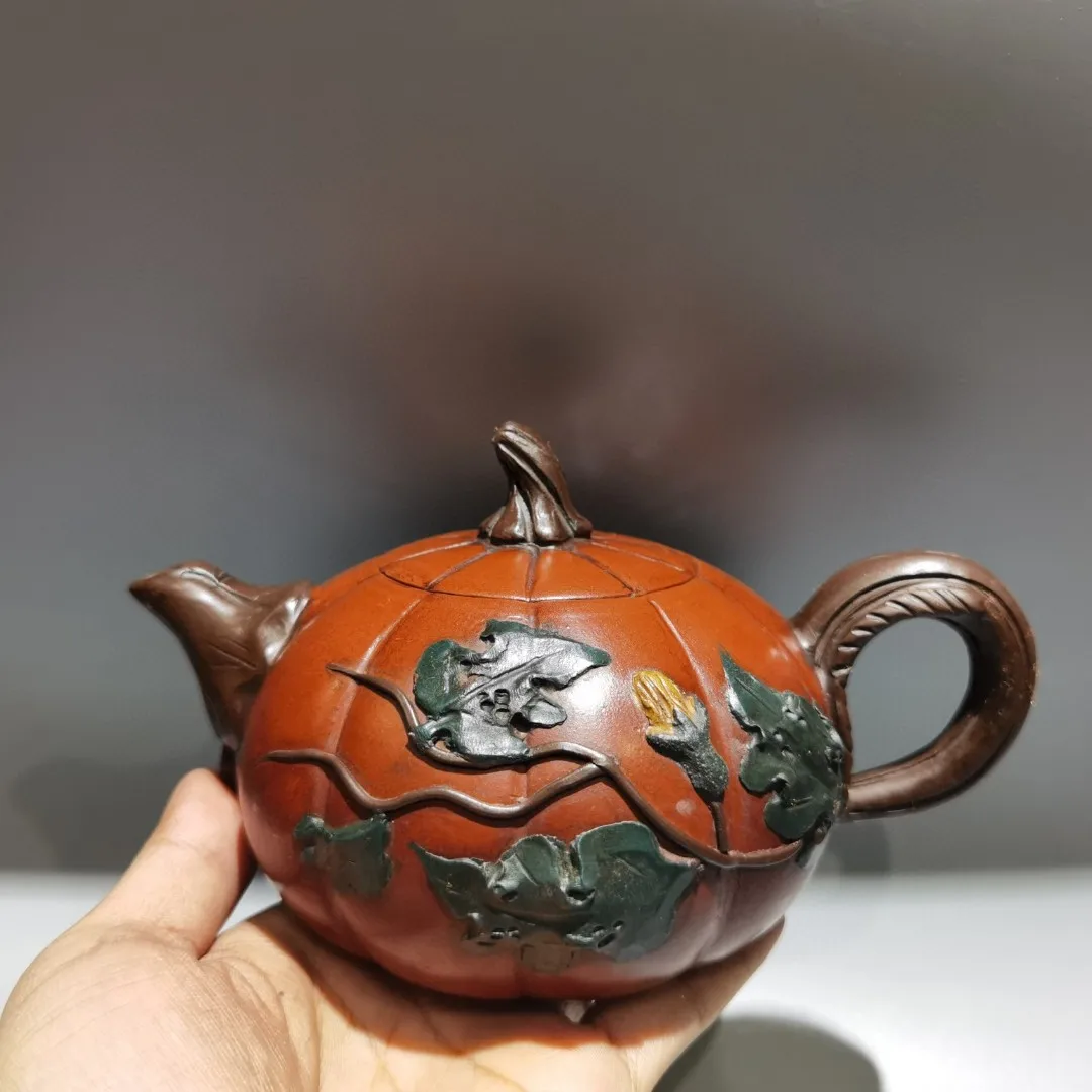 

7"Chinese Yixing Purple Clay Pot Pumpkin shaped teapot Guateng pattern Kettle Teapot Flagon Gather fortune Ornaments Town house