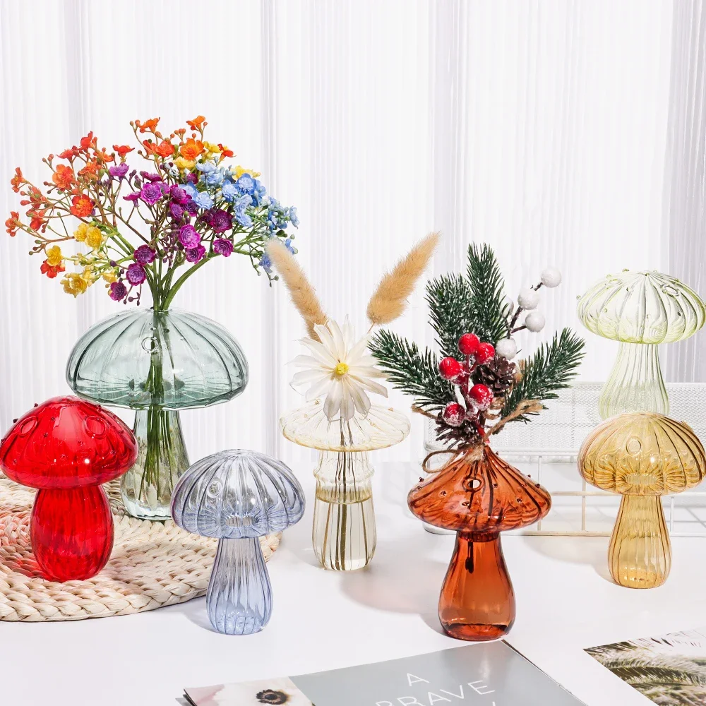 New Glass Vase Mushroom Shape Transparent Hydroponic Aromatherapy Bottle Flower Table Decoration Creative Home Accessories