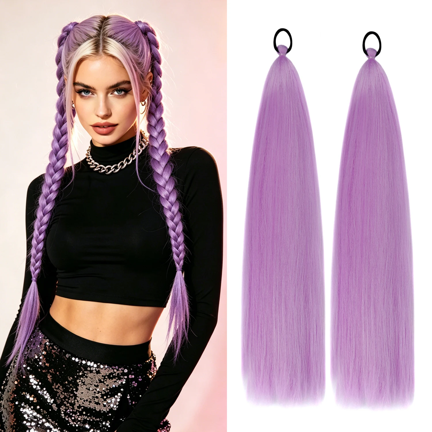 Braid Ponytail Extension 26inch Synthetic Hairpiece 2 Packet Long Ponytail Extension Elastic Tie Yaki Straight Sleek Wrap Around