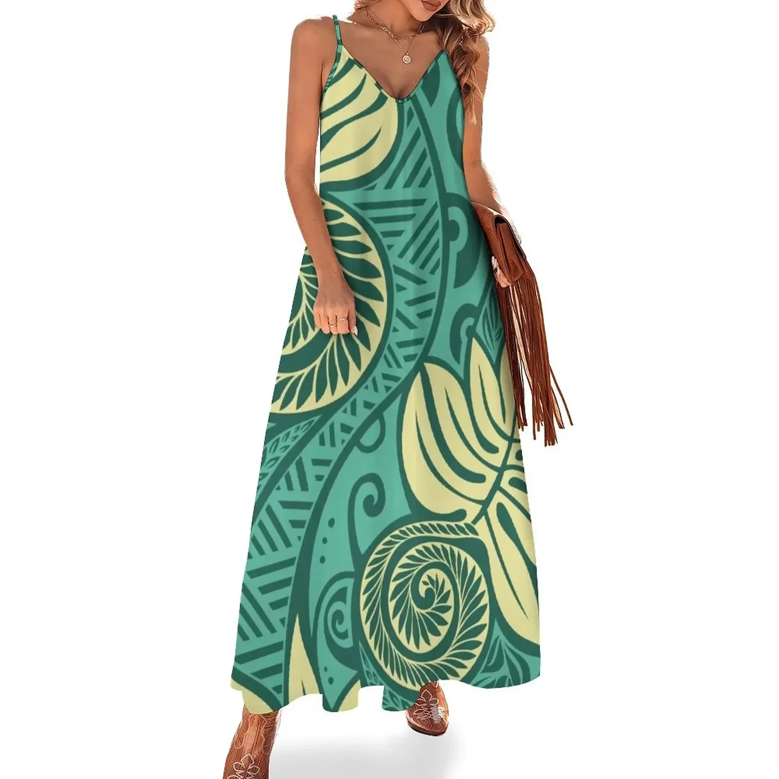 

Hawaiian ulu breadfruit turquoise blue cream design Sleeveless Dress womens clothing Long veiled dresses Dress