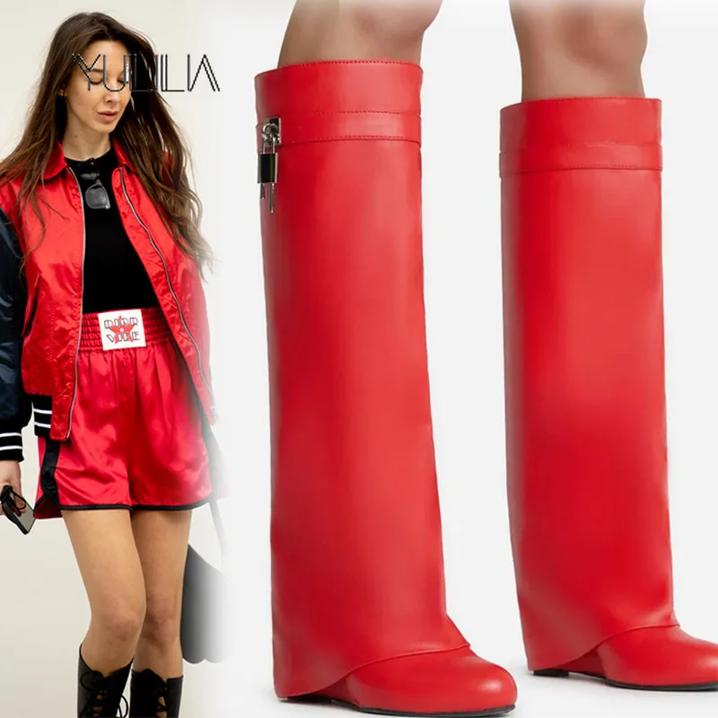 

YULILIA Original Design New Retro Big Tube Women's Pointed High Heel Metal Wedge Heels Trouser Boots Large Size Knee High Boots