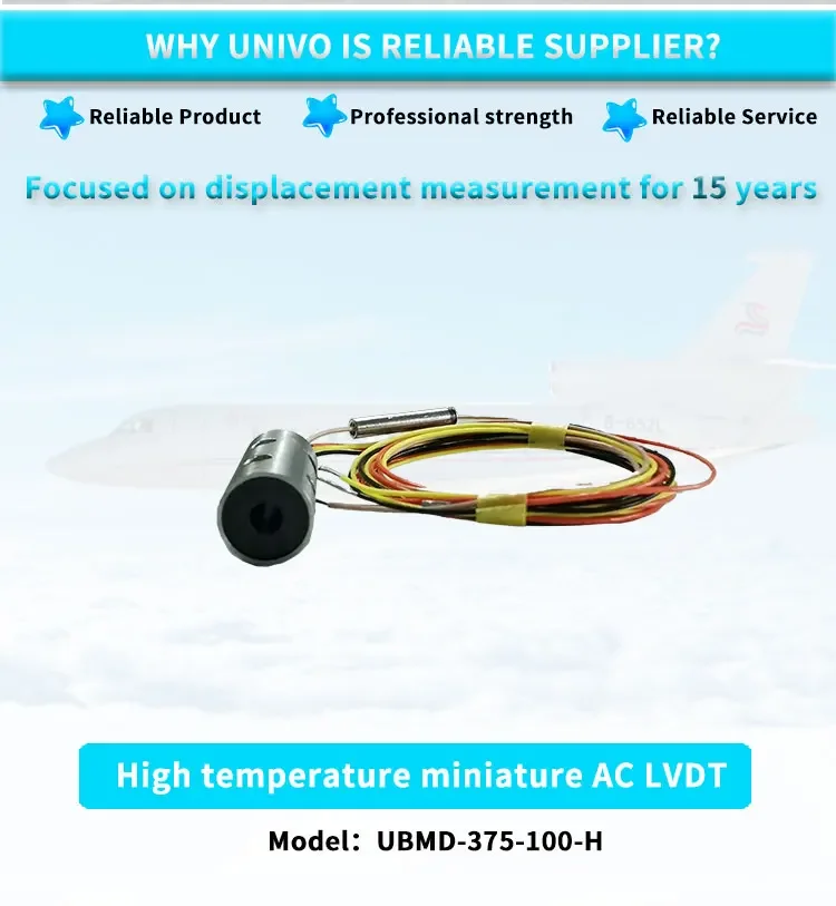 UNIVO UBMD-375-100-H high temperature miniature AC LVDT motion position sensor Range 2.5mm  0.375 inch diameter high sensitivity