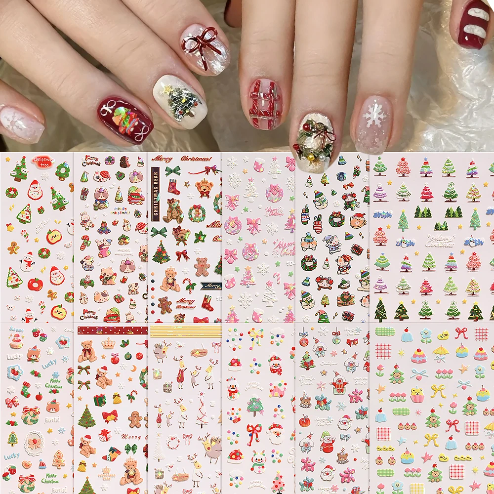 1 pçs bonito efeito de vidro laser decalques de unhas de natal 5d urso/gatinho árvore de natal floco de neve design adesivos de unhas diy decoração de natal ﻿