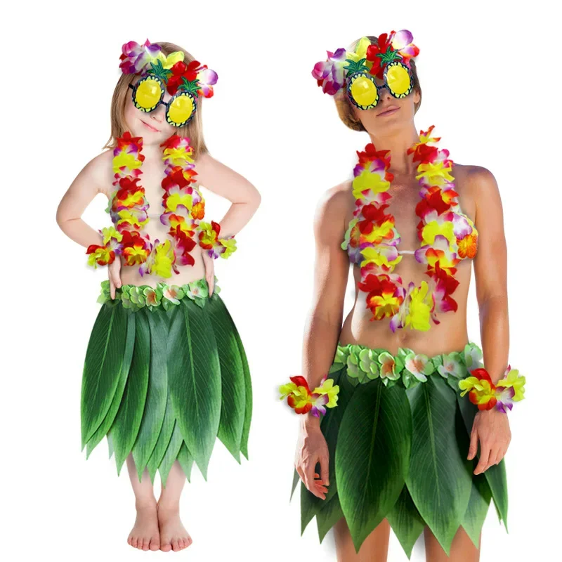 

Kid Adult Hawaiian Artificial Tropical Leaves Flower Skirt Hula Boho Dance Skirts Party Hawaii Grass Skirt Beach Holiday Costume