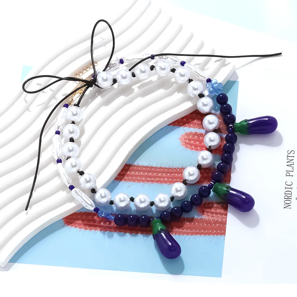 Stylish and fresh handmade string imitation pearl knotted vegetable eggplant pendant necklace summer cute stacked eggplant neckl
