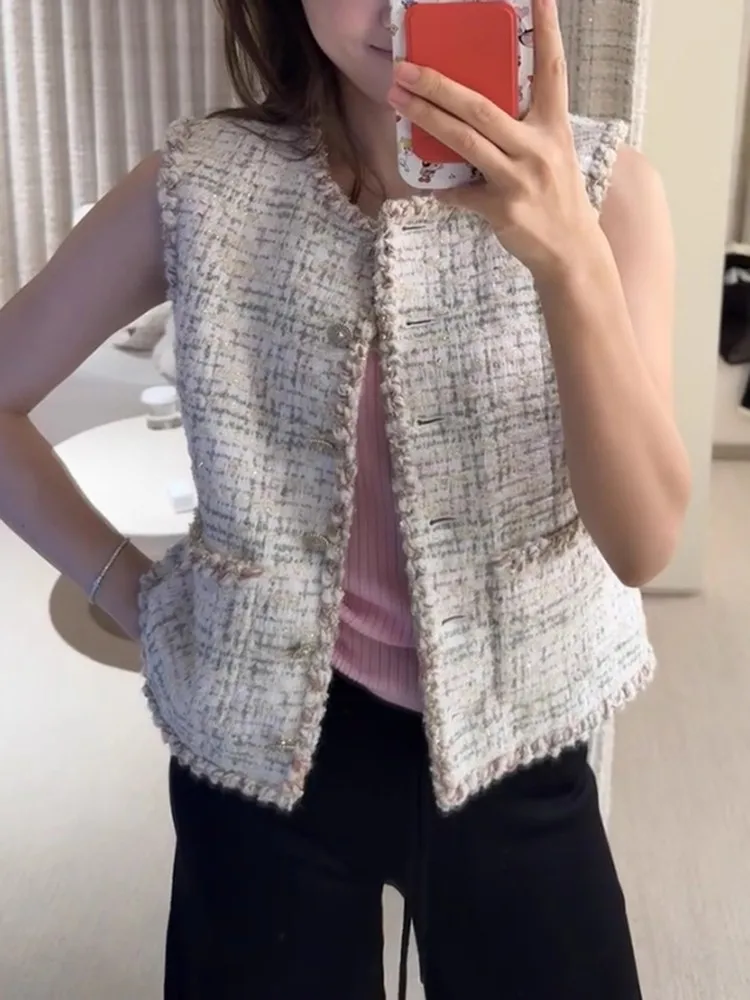 Fashion Women Tweed Sleeveless Jacket Single Breasted O Neck Casual Plaid Waistcoat Elegant Office Women Slim Fit Short Vest