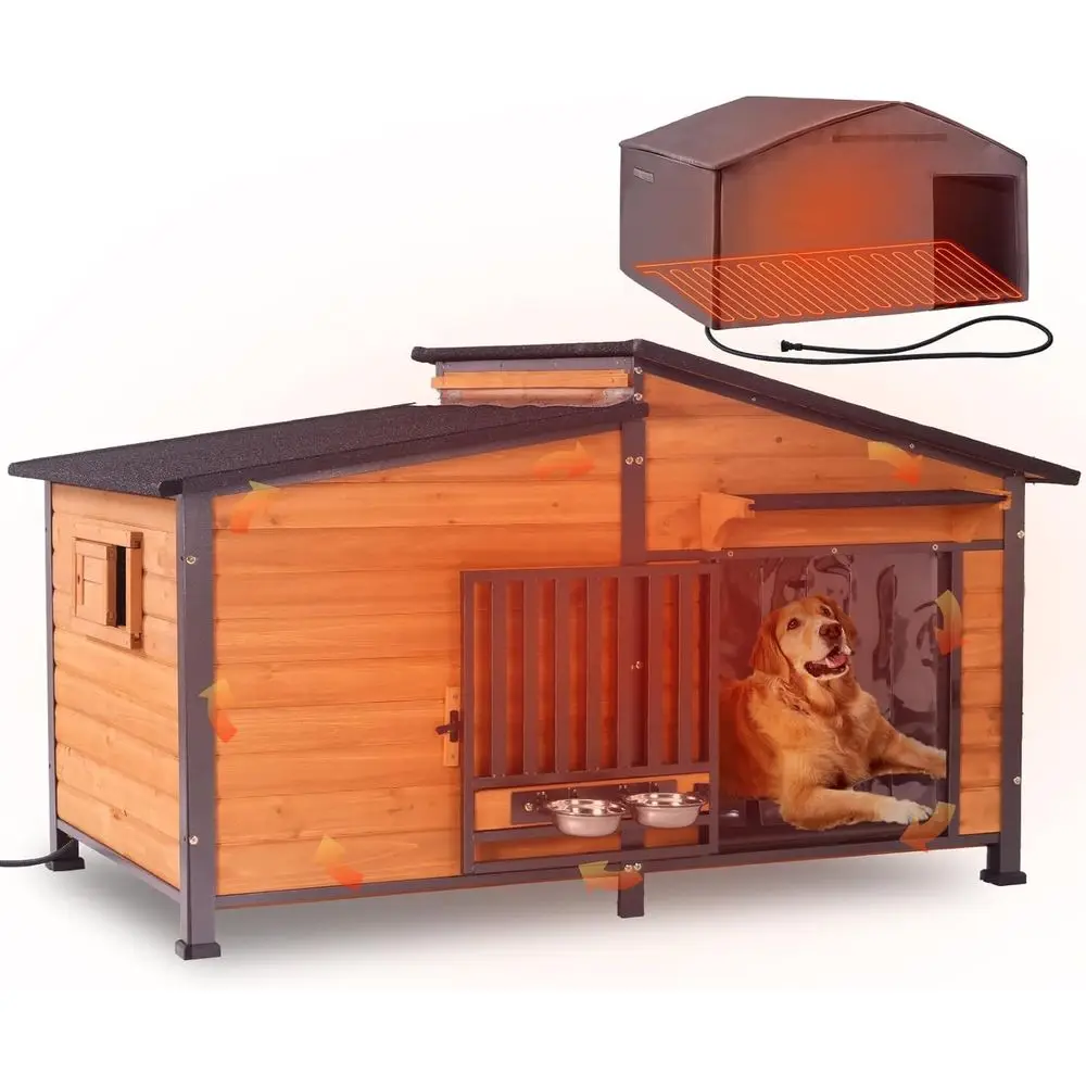 

Large Insulated Dog House with Heating Pad, Chew-Resistant, Rotatable Bowl for Large Breeds, 60L x 36W x 35.4H