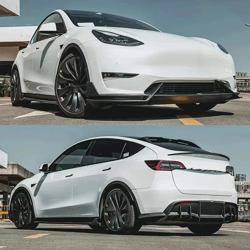Der Model Y bietet ein Karosserie-Kit aus Kohlefaser, einschließlich Frontspoiler, Heckdiffusor, Heckflügel, Dachflügel und Seitenschweller.
