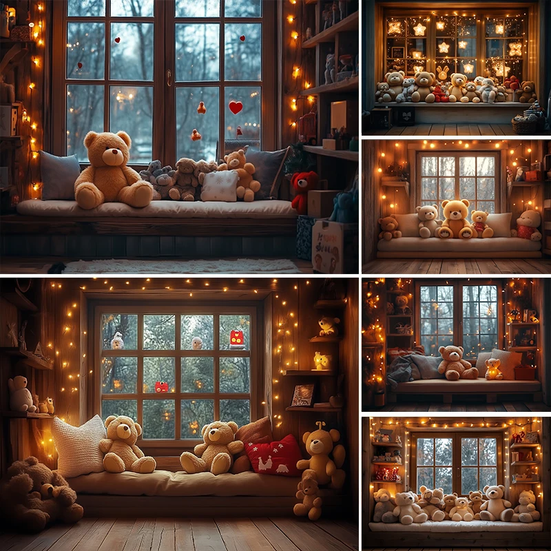 

LS Christmas Windows With Toy Bear Backdrops Kids Baby Adult Photography Santa Room Windows Xmas Trees Backgrounds