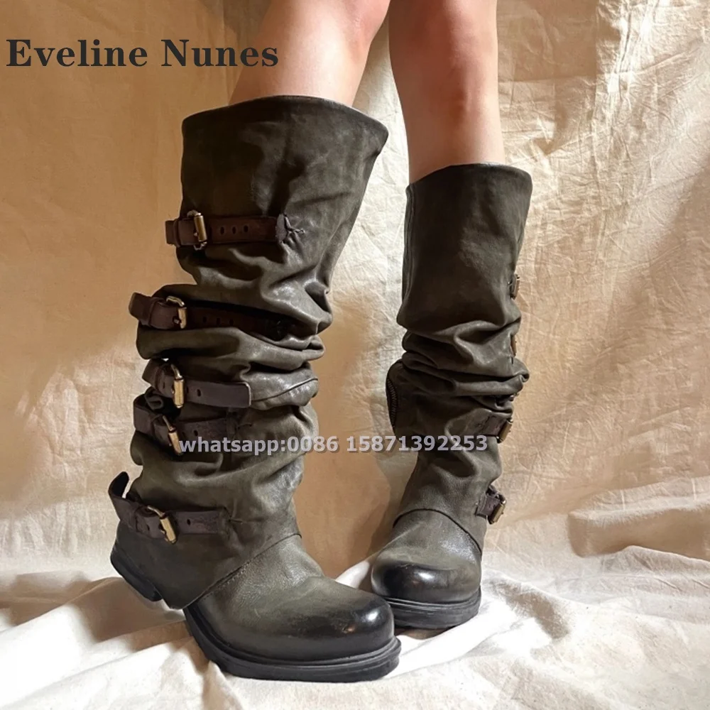 

Belt Buckle Pleated Retro Boots Round Toe Tank Soled Street Wasteland Style Mid-Calf Boots Cool Dark Sleek Modern Shoes 2024