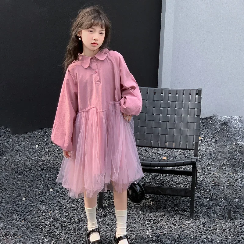 Girls Spring Long sleeved Shirt Dress 2024 New Loose Korean Children's Mesh Princess Dress