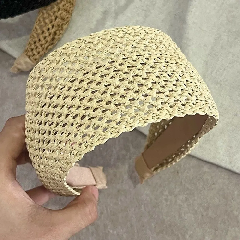 

Богемная широкая соломенная повязка на голову ручной работы, обруч для волос для отпуска, повязка для умывания и макияжа, летние аксессуары для волос