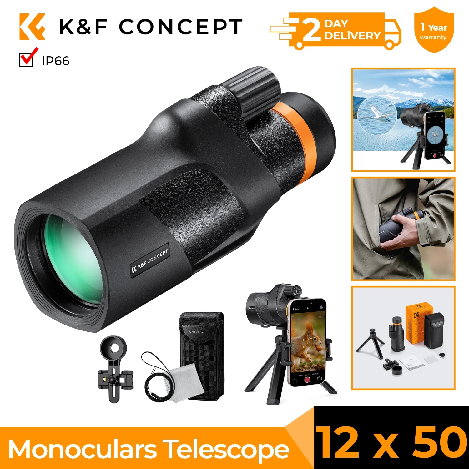 K&F Concept 12X50 Monocular Telescope IP66 Waterproof HD BAK4 Monocular for Birdwatching Hunting Travel with Phone Holder Tripod