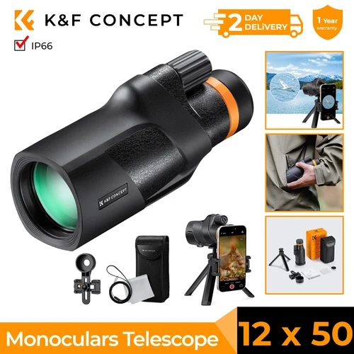 K & F Concept 12X50 telescopio Monocular IP66 impermeable HD BAK4 Monocular para observación de aves caza viajes con soporte para teléfono trípode