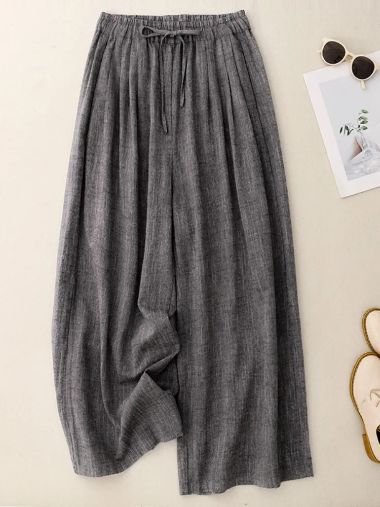 High Quality Linen Wide Leg Pants Women's Large Size Elastic Waist Straight Leg Pants Drapey Casual Nine Point Trousers