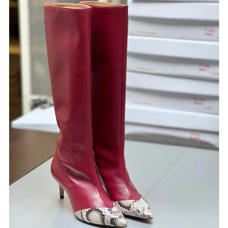 

Snake-Print Patchwork Knee High Boots Sexy Pointed Toe Stiletto New Arrivals Fashion Women Modern Boots