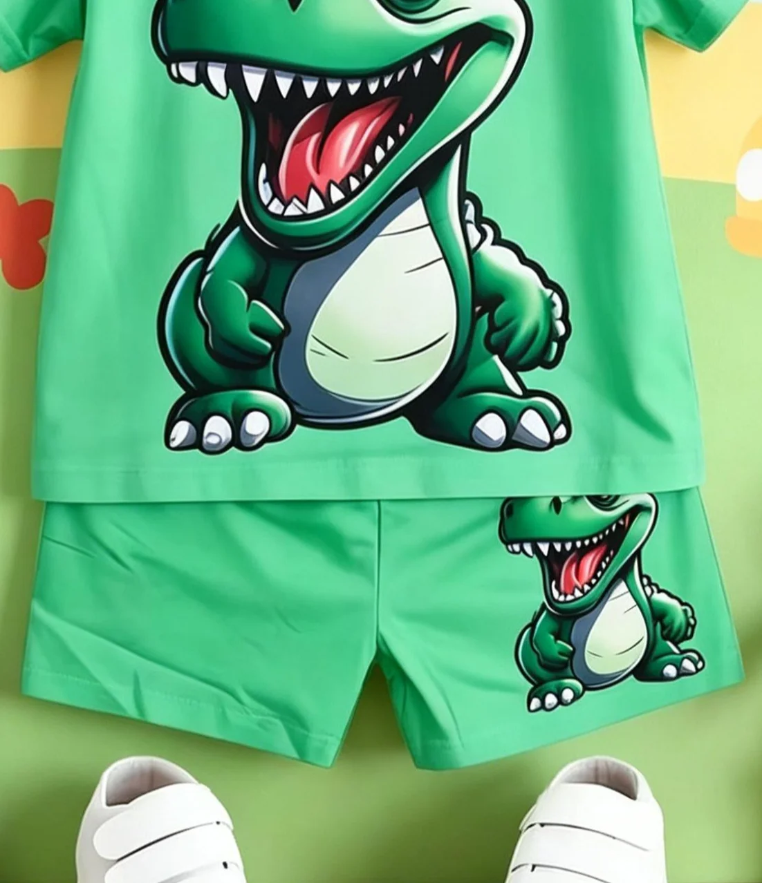 Kurzarm-Shorts mit Dinosaurier-Aufdruck für Jungen, 2-teiliges Set, sommerliches Outfit im verspielten Stil – Detail 6